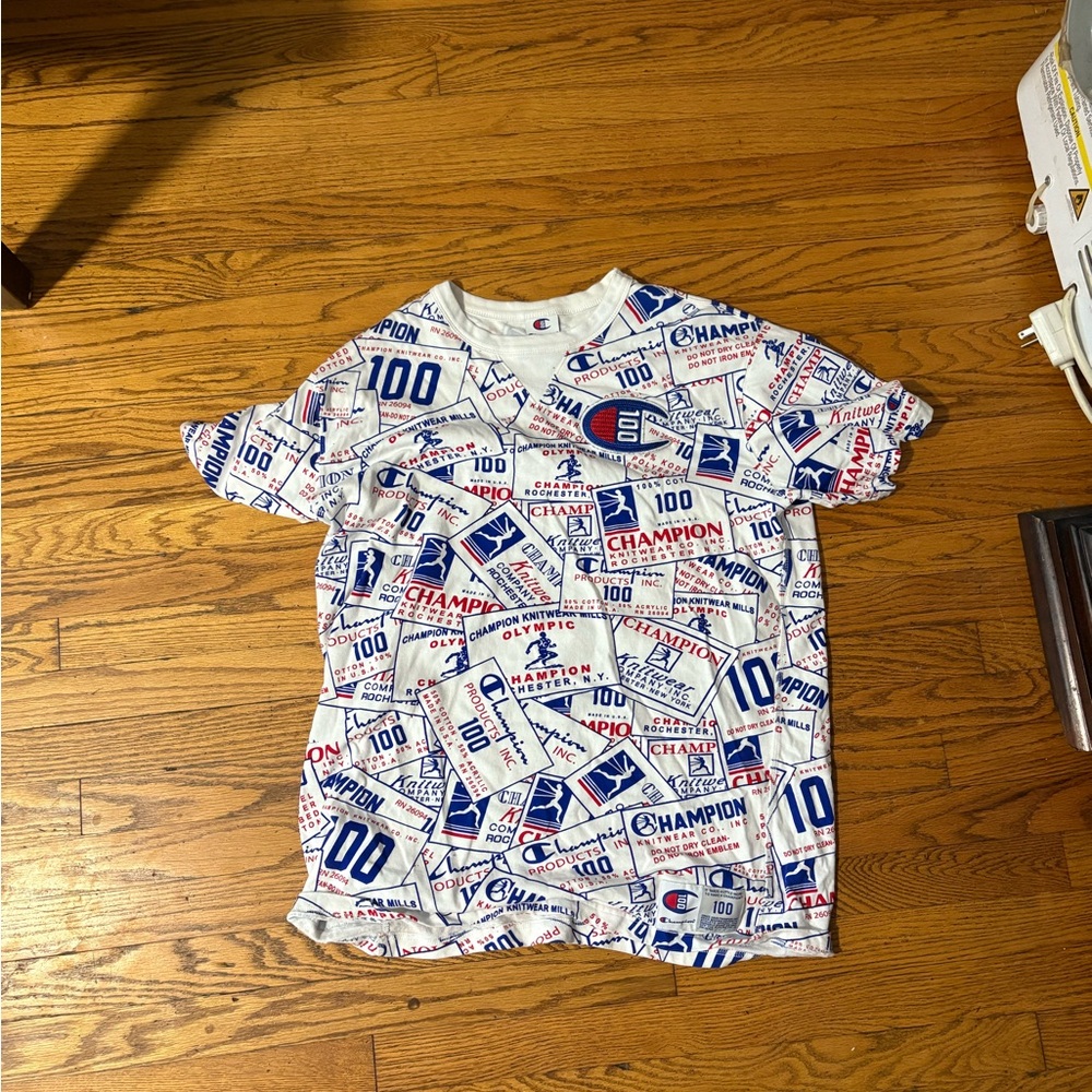Mens Champion Graphic T-Shirt - White and Blue Size XL